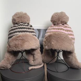 韩版 ins复古条纹针织毛线雷锋帽女秋冬保暖户外护耳防寒滑雪帽子