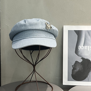 水洗牛仔y2k小众蜘蛛贝雷帽女百搭休闲平顶帽显脸小复古八角帽子