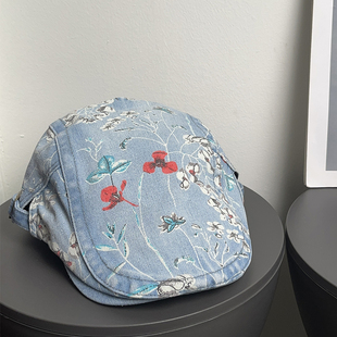 玉兰花牛仔鸭嘴前进帽女中国风复古街头显脸小文艺画家贝雷帽子潮