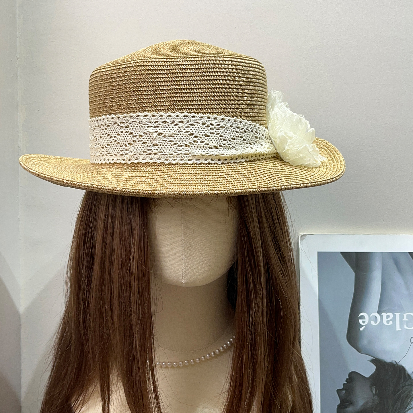 夏季防紫外线复古蕾丝绑带平顶草帽女出游遮阳防晒礼帽休闲帽子潮