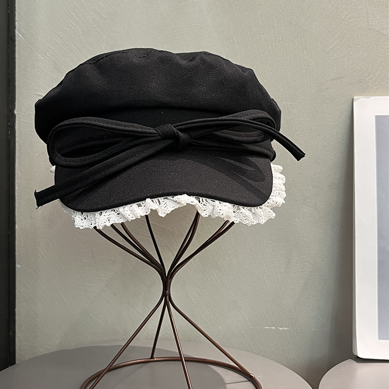 平顶帽子新款蕾丝边蝴蝶结日系