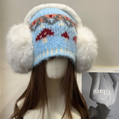 大头围复古禾木雪乡提花兔毛耳包针织帽女秋冬保暖护耳毛线帽子潮