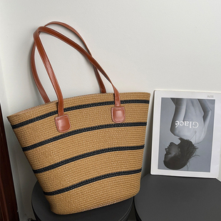 小众巴拿马草编大容量托特包女春夏度假风手提包百搭单肩包大包潮