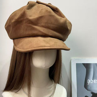 复古麂皮绒褶皱贝雷帽女25秋冬新款 百搭显脸小八角帽保暖画家帽子