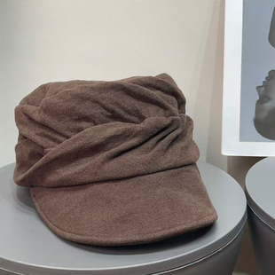 日系复古毛呢褶皱贝雷帽女秋冬保暖百搭显脸小大头围百搭报童帽子