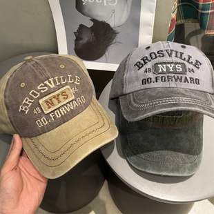 水洗复古鸭舌帽女生韩版 大头围刺绣字母百搭棒球帽显脸小帽子男潮