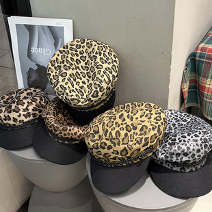 韩版 海军帽平顶鸭舌帽子潮 百搭休闲豹纹贝雷帽女春秋y2k复古个性