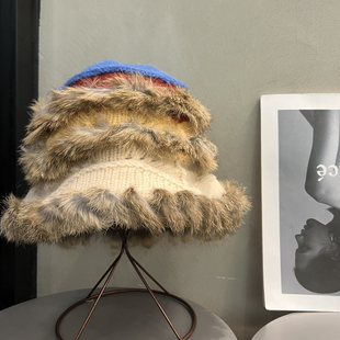 新款 兔毛大头围毛线帽女秋冬保暖复古川西彩色针织帽子撞色民族风