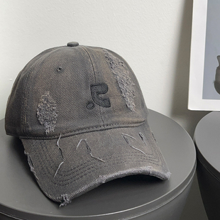 大头围做旧破洞棒球帽女春夏百搭遮阳复古磨边显脸小鸭舌帽子男潮