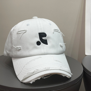 美式 复古大头围破洞刺绣棒球帽女春夏遮阳磨毛百搭鸭舌帽子显脸小