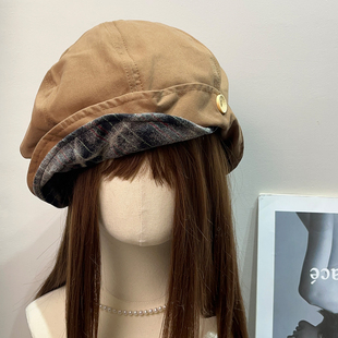 日系复古翻檐纽扣贝雷帽女春夏遮阳百搭显脸小八角帽文艺画家帽子