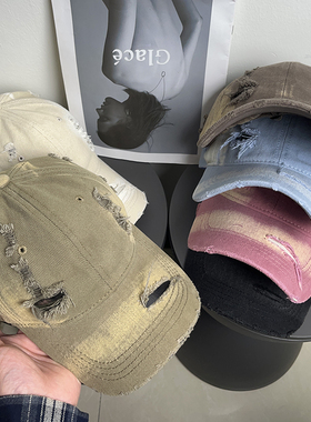 美式复古大头围水洗破洞棒球帽男女做旧磨毛防晒显脸小鸭舌帽子潮