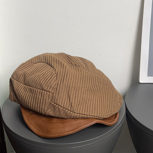 复古毛线拼接PU皮贝雷帽女秋冬保暖褶皱云朵帽显脸小大头围帽子潮