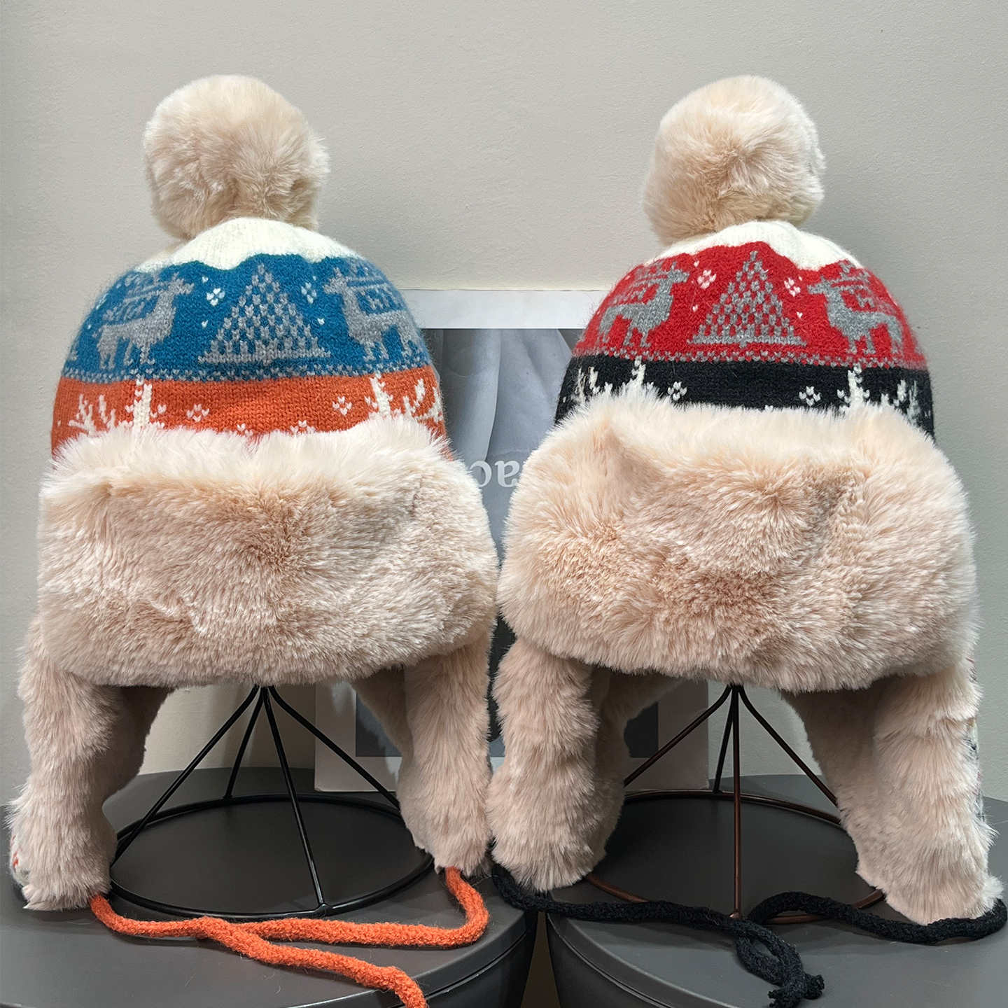 复古冬日禾木雪乡圣诞小鹿毛绒针织雷锋帽女秋冬保暖防寒护耳帽子