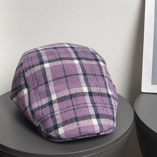 古早复古亚文化紫色格纹鸭嘴前进帽女秋y2k辣妹文艺贝雷报童帽子