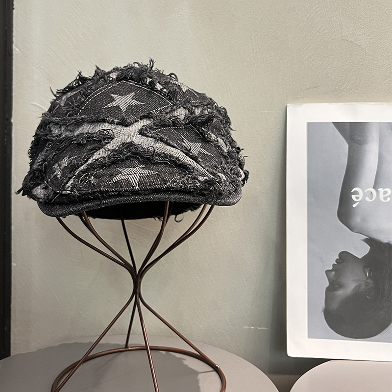 复古水洗牛仔鸭舌前进帽女y2k星星做旧英伦潮流贝雷帽文艺报童帽