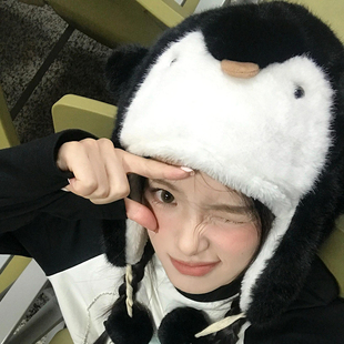 日系呆萌可爱卡通小企鹅毛绒雷锋帽女冬旅游保暖护脸护耳滑雪帽子