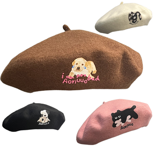 可爱小狗羊毛呢贝雷帽女秋冬新款 纯色画家帽显脸小韩系学院风帽子