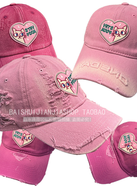 韩版新款粉色爱心棒球帽女可爱小猫ins软顶大头围显脸小鸭舌帽子
