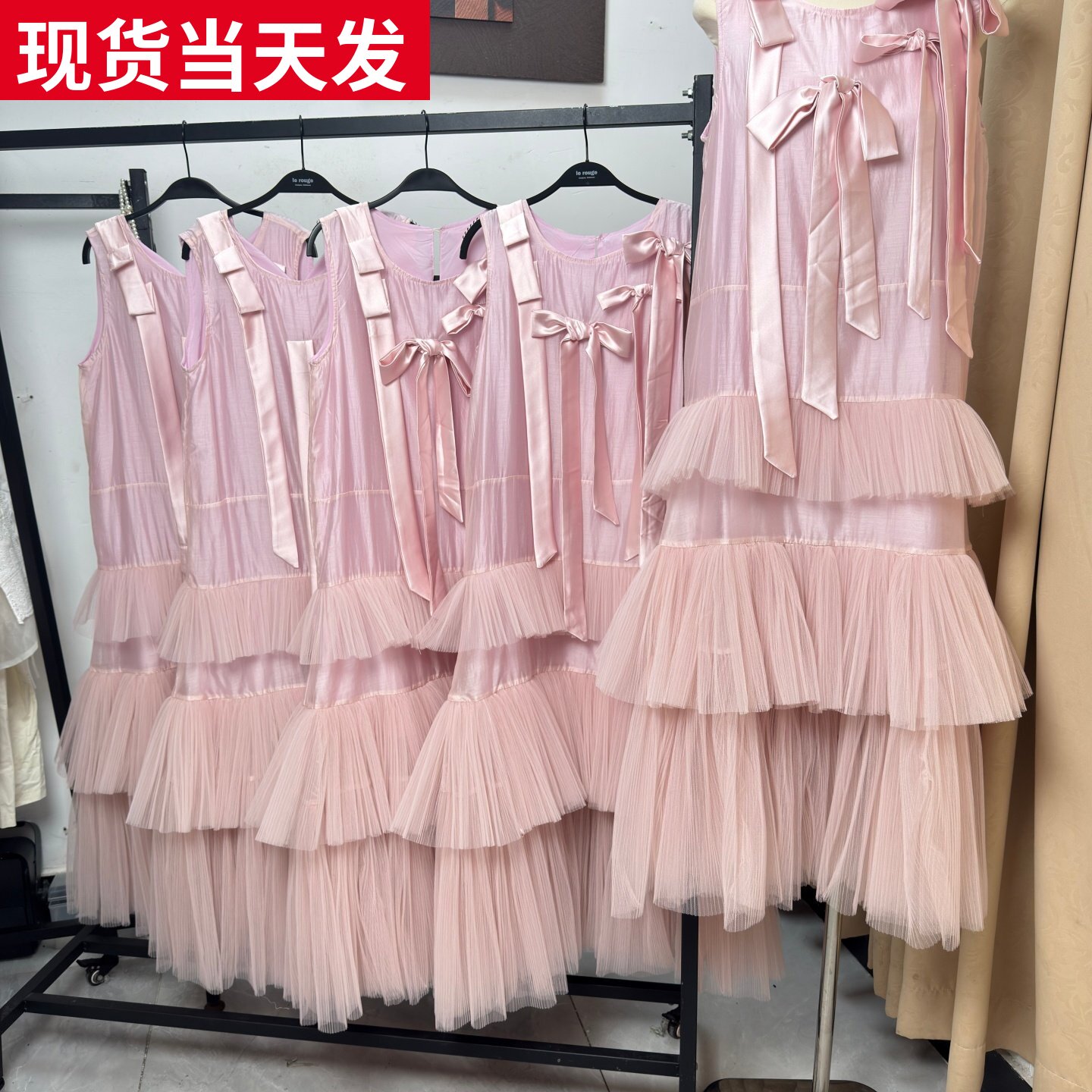 天丝蝴蝶结网纱压褶长款连