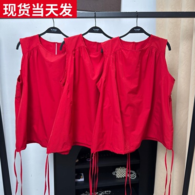 抽褶感抽绳绑带无袖花苞上衣