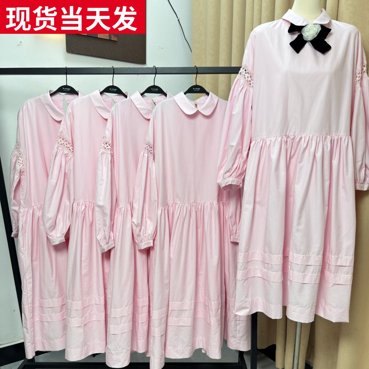翻领镂空拼接灯笼袖娃娃连衣裙
