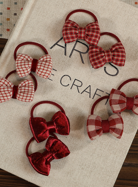 儿童甜美充棉格子蝴蝶结儿童高弹力发绳发圈女童百搭红色喜庆发饰