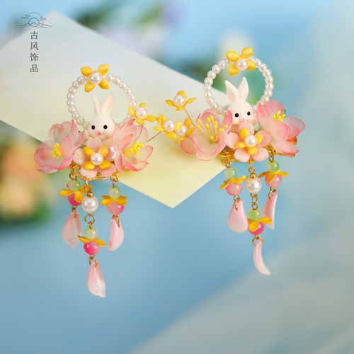  儿童古风兔子花朵流苏发夹