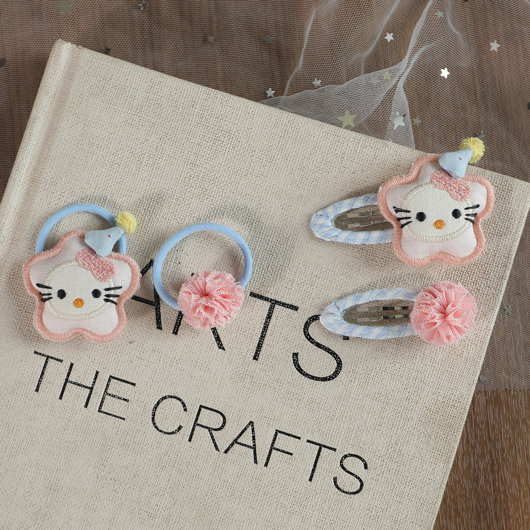 儿童布艺可爱猫咪花朵发夹发圈女童碎发刘海夹扎马尾头绳头饰发饰