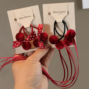 儿童新年红色绒面球球飘带发圈女童新年扎头发头绳不伤发发绳发饰