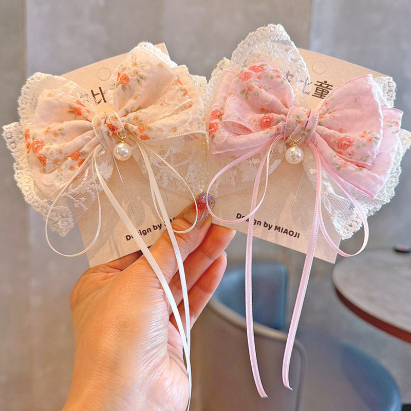 儿童新款网红碎花小清新蕾丝发夹女童甜美大蝴蝶结顶夹头饰发饰