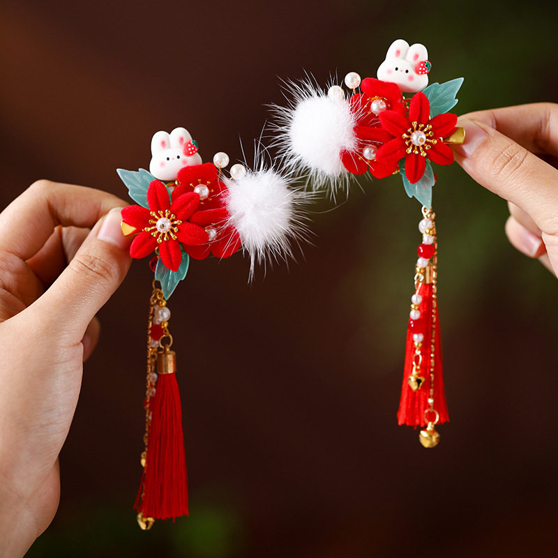 儿童头饰红色毛球花朵流苏对夹兔子毛球兔年发夹女童古风汉服发饰,童装/婴儿装/亲子装,发饰,淘宝优惠券,粉丝福利购,淘宝优惠卷