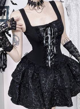 XS24329暗黑系2025新款y2k甜美辣妹方领性感绑带背心女装连衣裙女