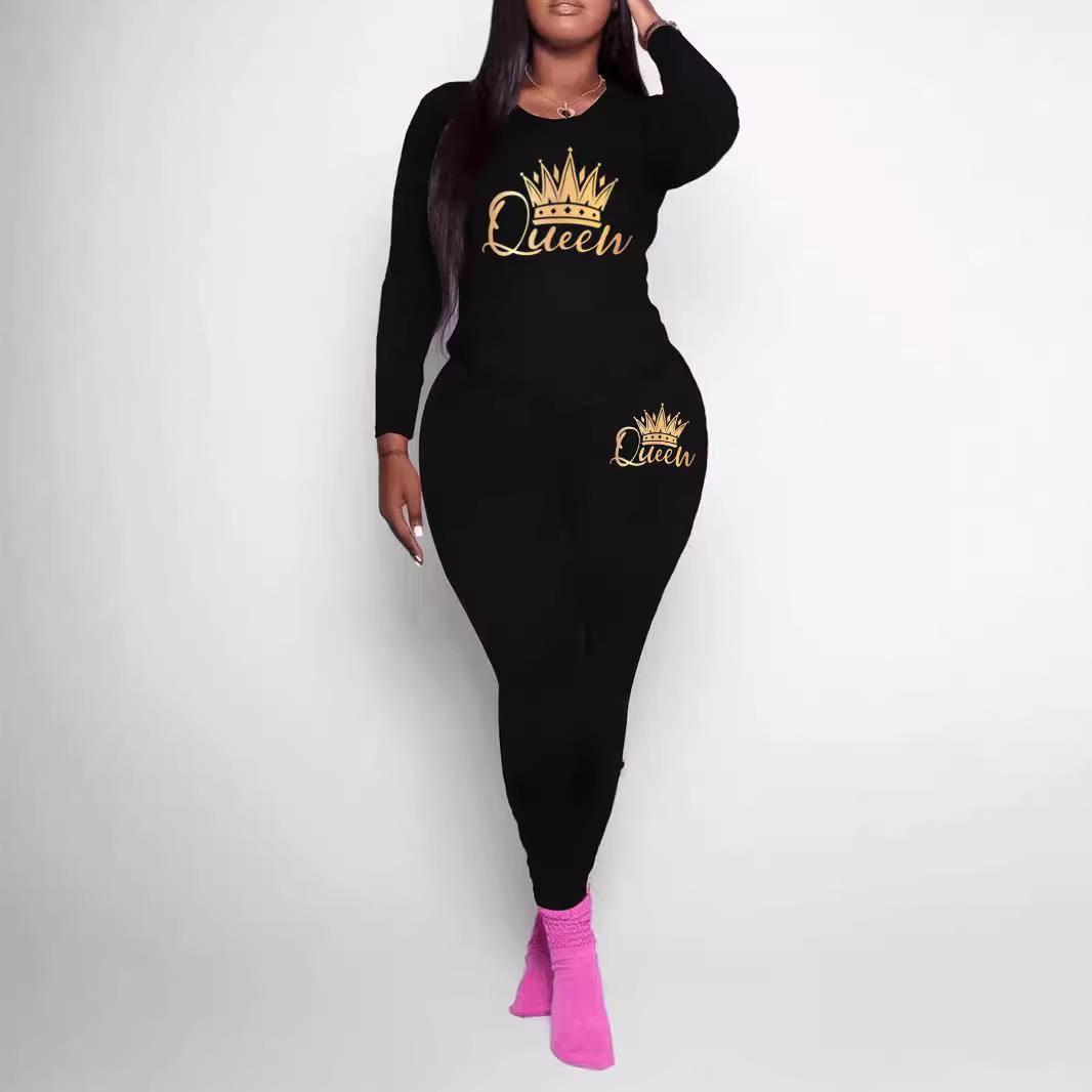 CT00060 欧美女装 渐变皇冠女王印花休闲套装 长袖长裤印花两件套