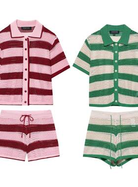 2025夏季新品欧美跨境女装时尚针织POLO衫+短裤套装 w085 250628