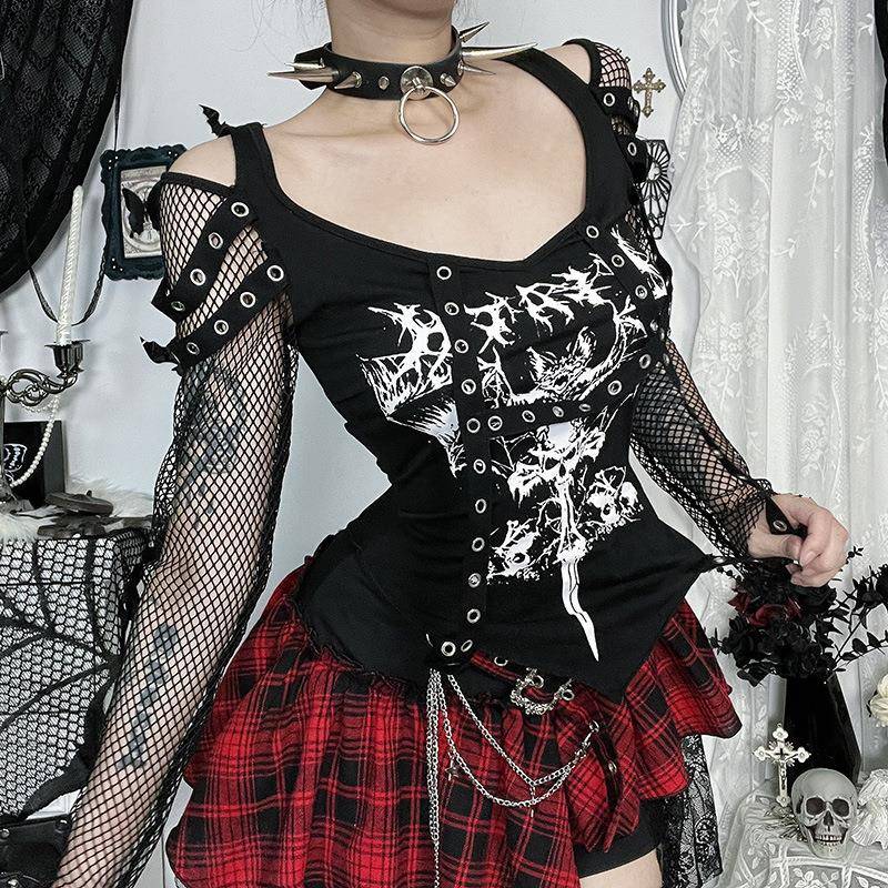 CF25093暗黑哥特风修身蝙蝠印花渔网上衣 2025时尚街头百搭上衣女