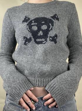 跨境欧美女装ebay2022秋冬新款长袖短款针织骷髅头时尚气质毛衣