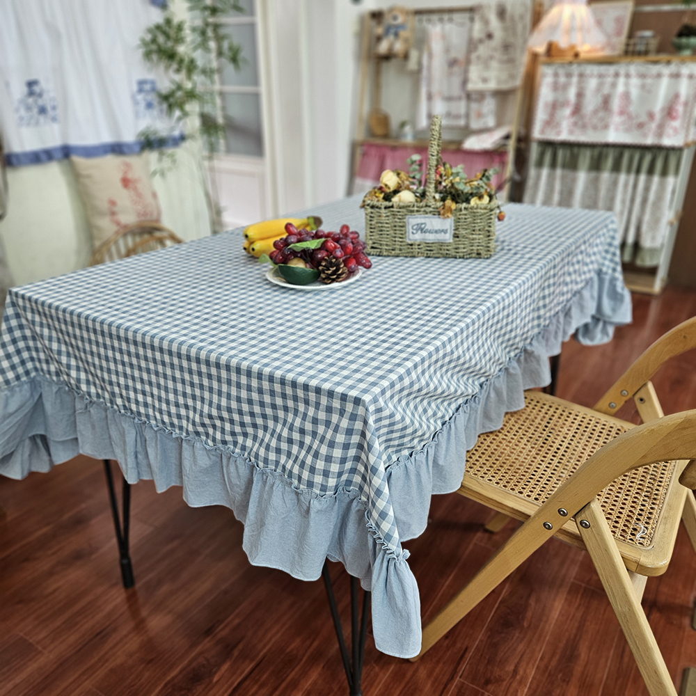 纯棉格子荷叶花边桌布