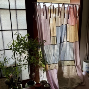 南法纯棉碎花格子紫色条纹手工拼布文艺复古慵懒系带客厅卧室窗帘
