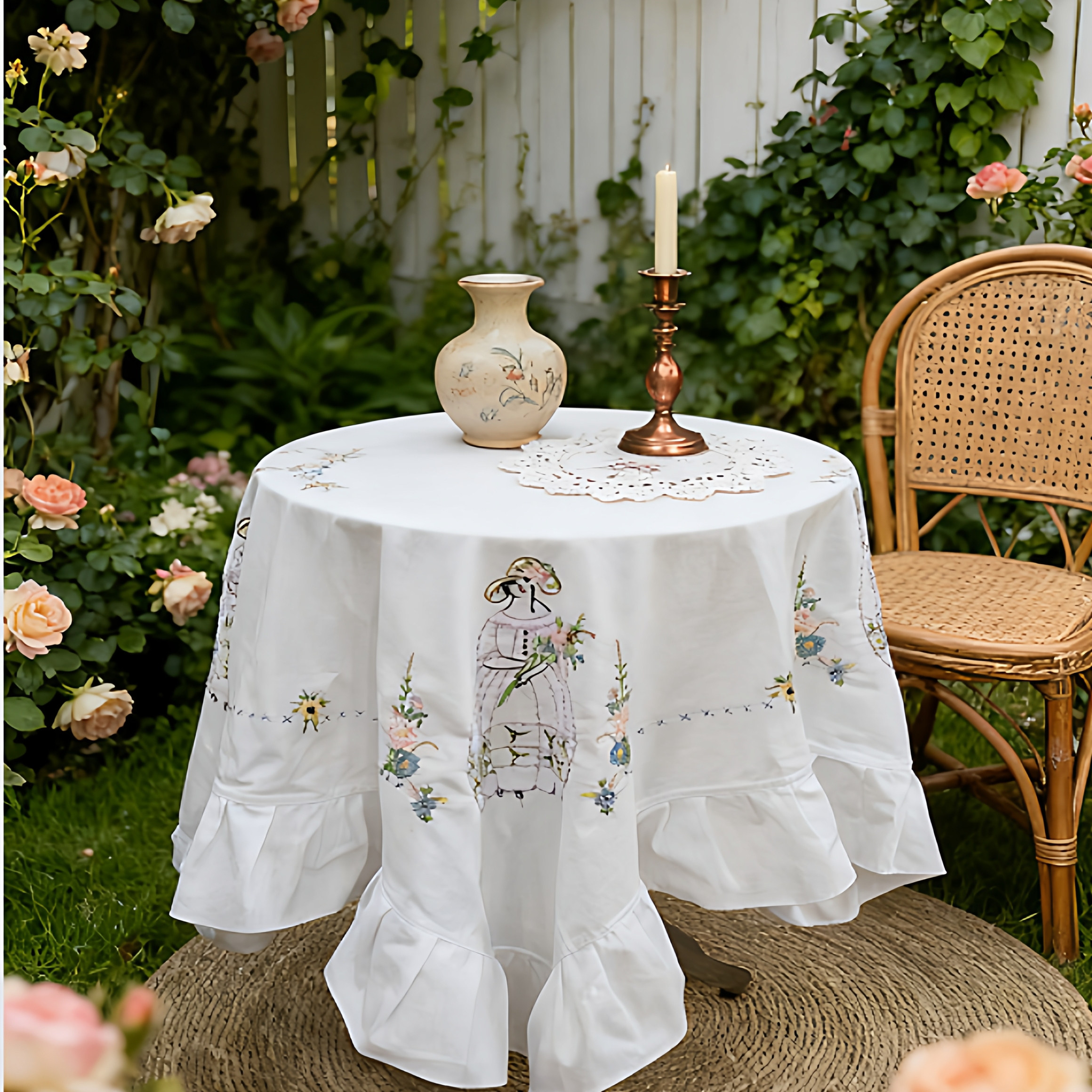 法国贵妇棉线刺绣中古风纯棉荷叶边拼接百搭高端多用钢琴盖巾桌布,居家布艺,桌布,淘宝优惠券,粉丝福利购,淘宝优惠卷