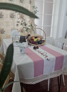 法式田园复古格调百搭棉线刺绣竹节麻拼接红色格子钩针花边餐桌布