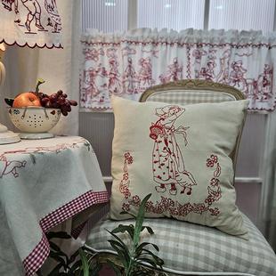 少女和天鹅法国红绣中古风百搭复古棉麻沙发床头办公室靠垫抱枕套