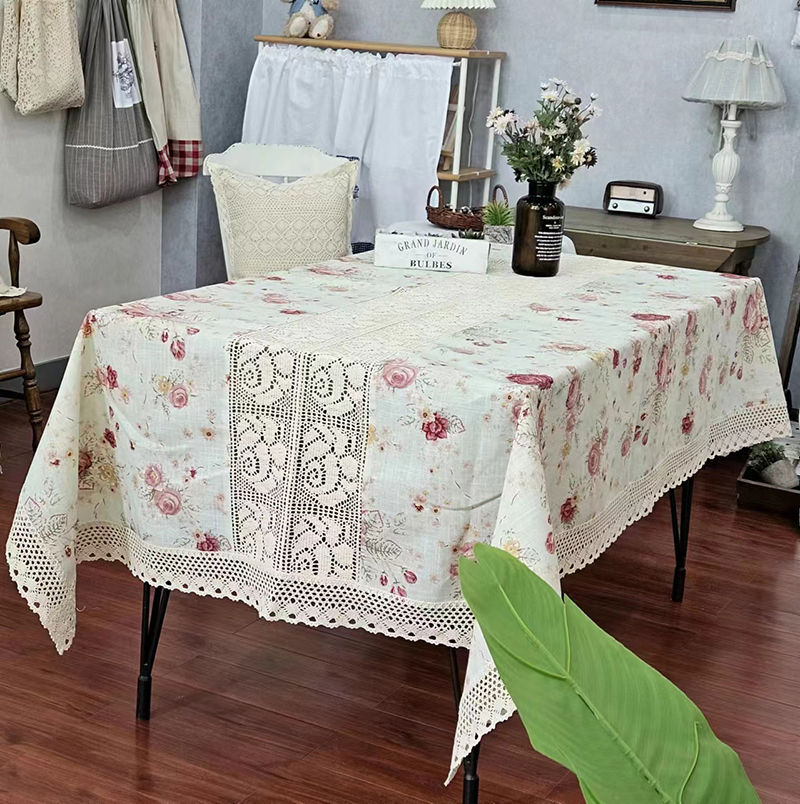 法式百搭田园碎花玫瑰简约钩针镂空棉线拼接长方形桌布茶几布
