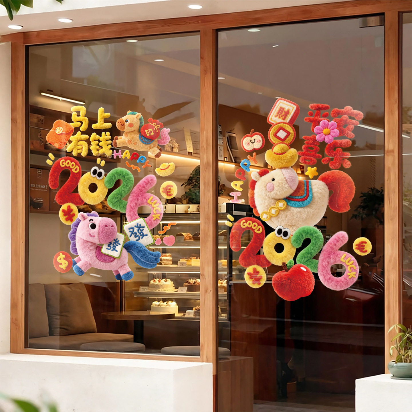 2026马年5D静电贴窗花元旦玻璃门贴纸窗贴过年场景布置春节装饰