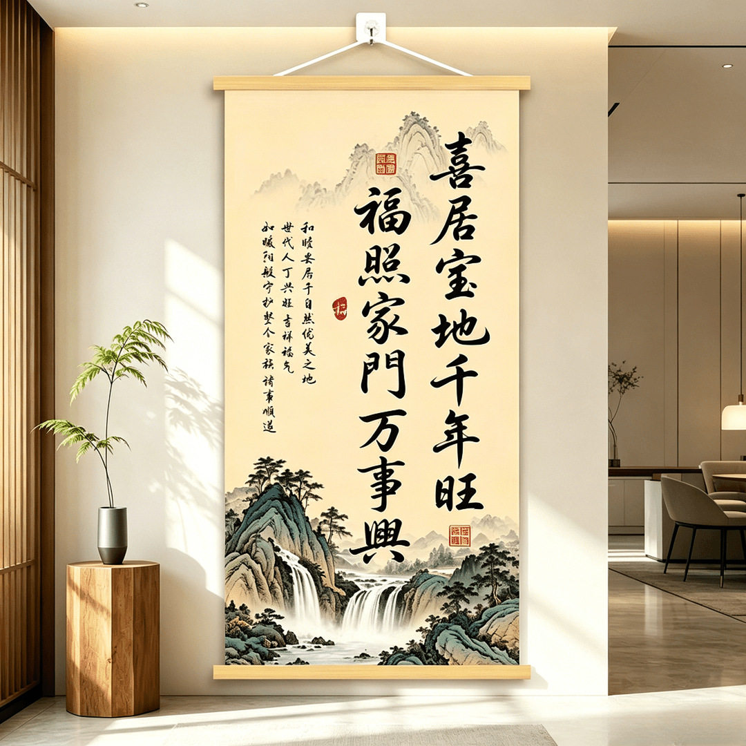 【喜居宝地千年旺】新中式书法挂画茶室办公室玄关客厅挂画筒装