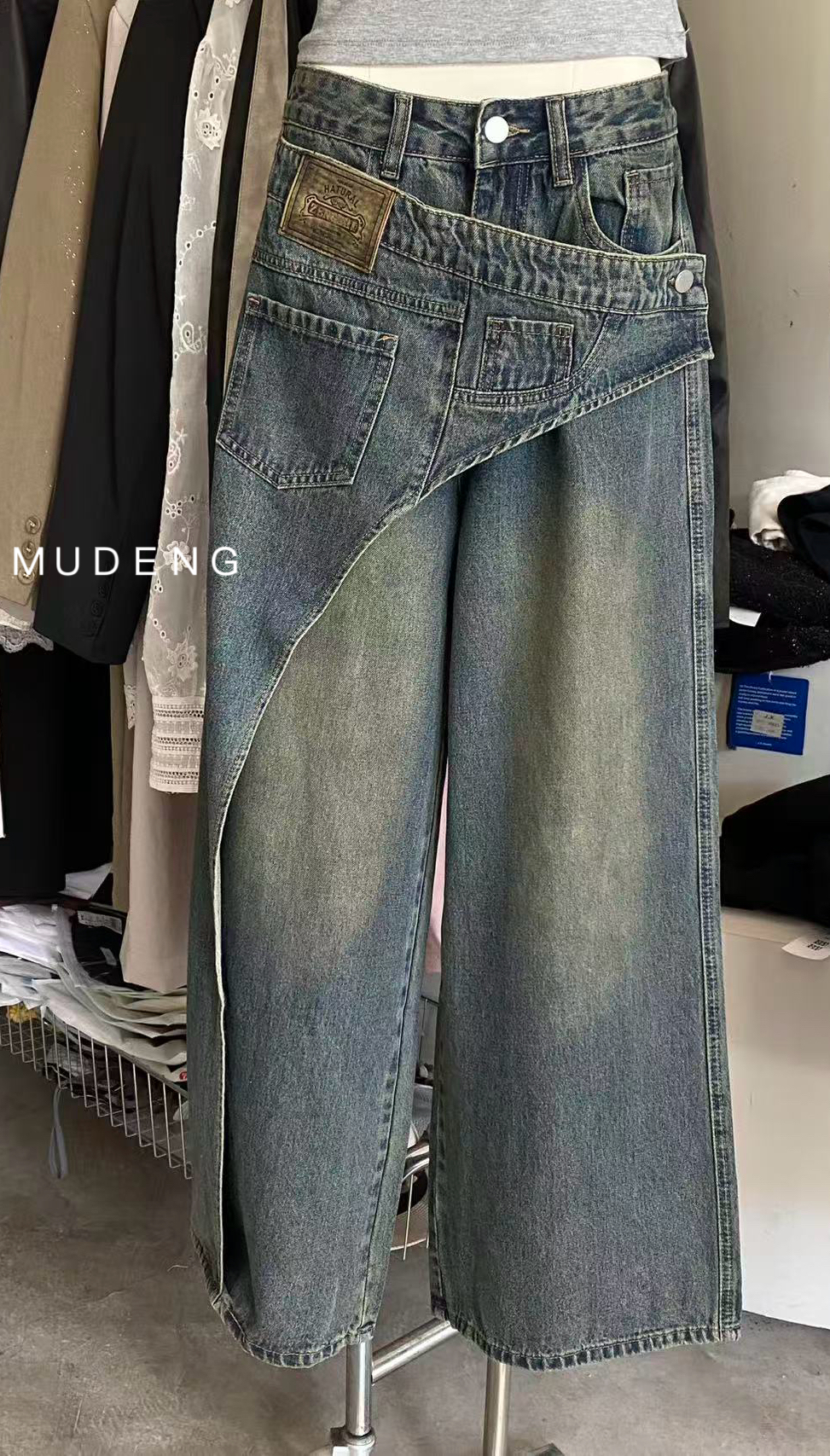 MUDENG美式复古错位解构设计感牛仔裤女新款宽松直筒阔腿裤子