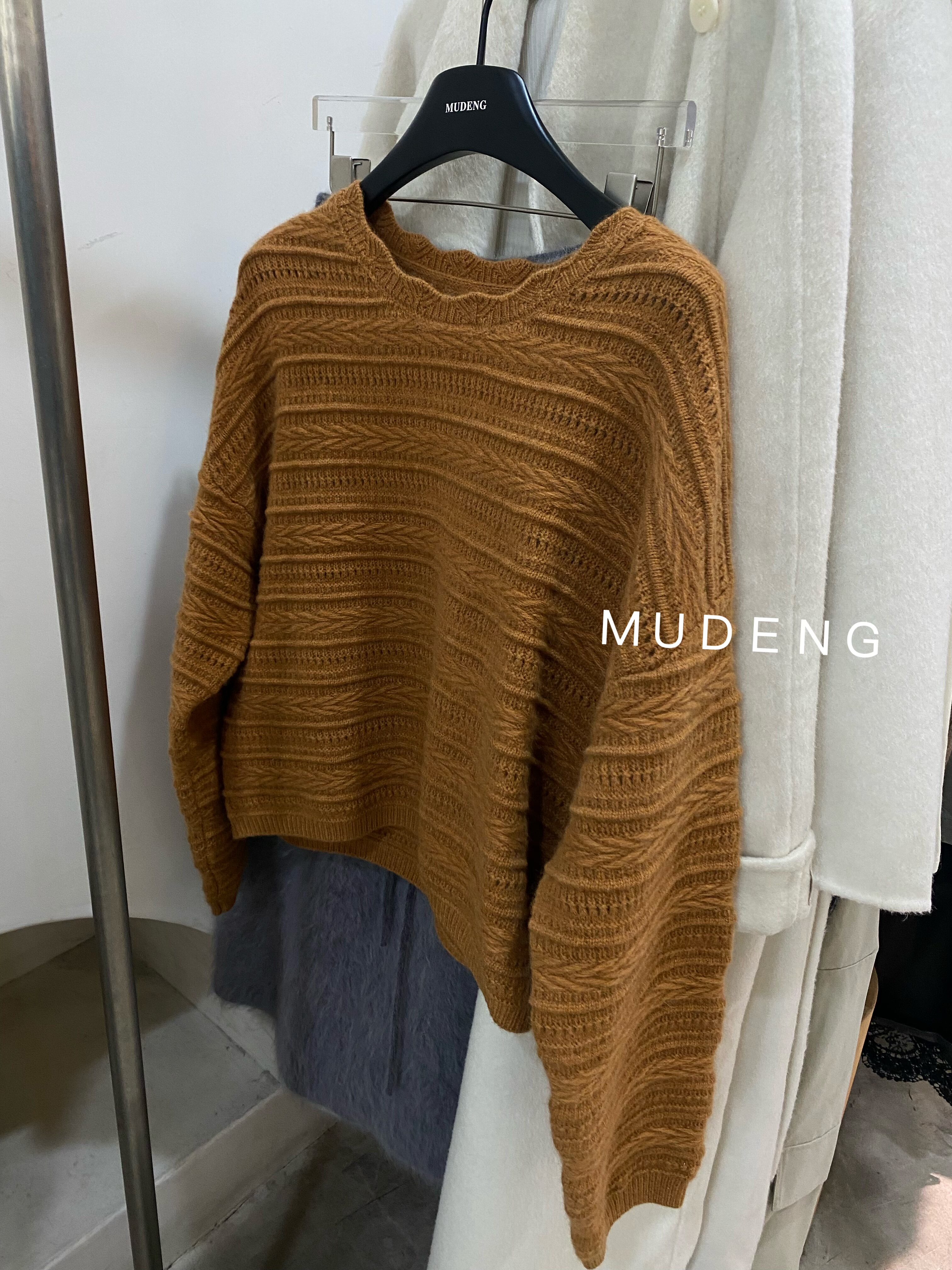 MUDENG2025秋冬新款韩版宽松显瘦钩花针织衫女圆领套头羊毛上衣