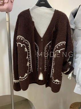 MUDENG 复古祖母风刺绣花朵针织开衫女毛衣冬宽松慵懒叠穿外套