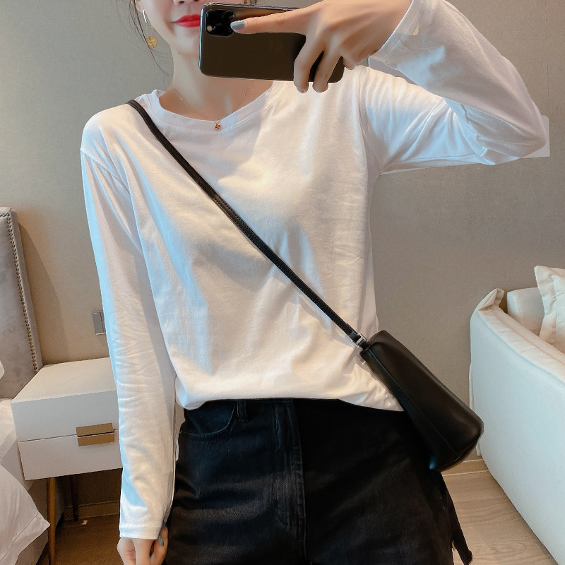 2024年春秋新款女装长袖T恤女白色宽松纯棉打底衫秋冬内搭上衣潮