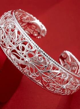 镂空花丝民族宫廷风掐丝工艺浮雕手镯女镀纯银手饰不掉色手环